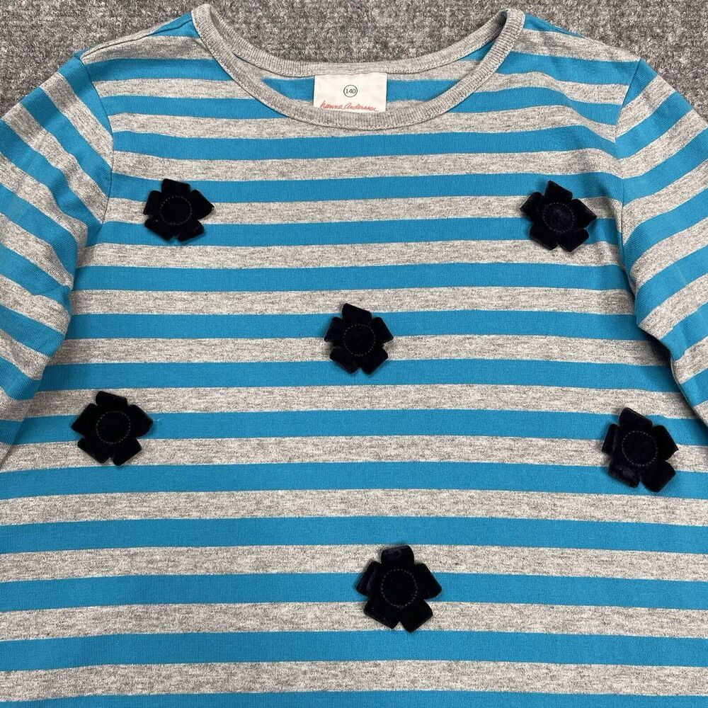 Hanna Andersson Girls Dress 140 US Size 10 Long Sleeve Blue Gray Striped Cotton - Picture 4 of 7